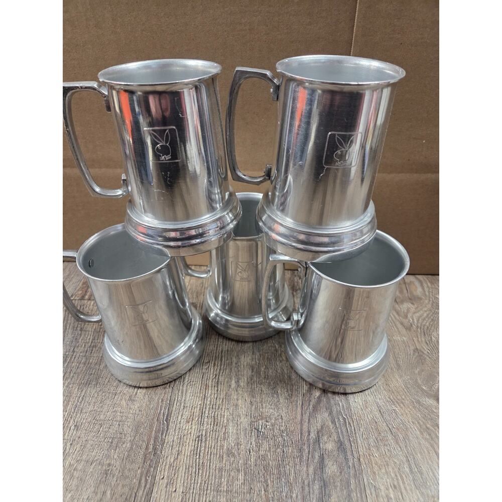 VTG 1970 Playboy Aluminum Beer Mug 4.75" Engraved Bunny Logo Tankard Set of 5